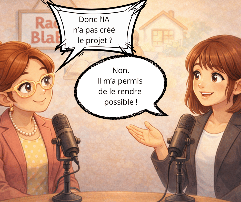 Mme Pipelette: donc l'IA n'a pas créé le projet. L'autrice: Non il m'a permis de le rendre possible.