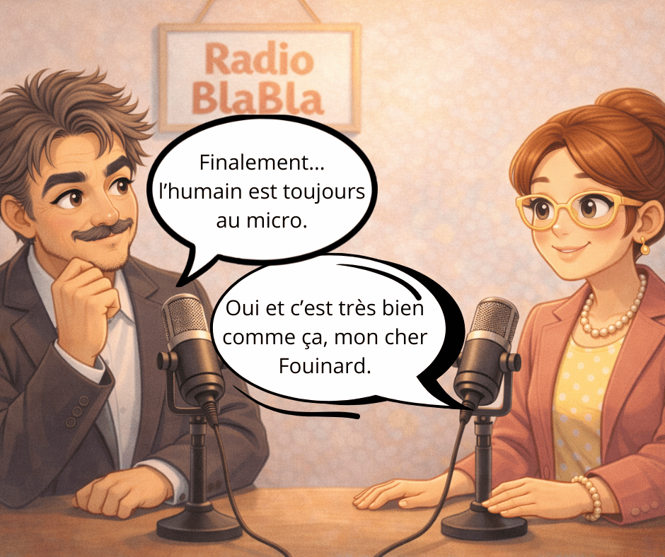 Mr Fouinard: Finalement l'humain est toujours au micro. Mme Pipelette: oui et c'est tres bien comme ca, mon cher Fouinard.