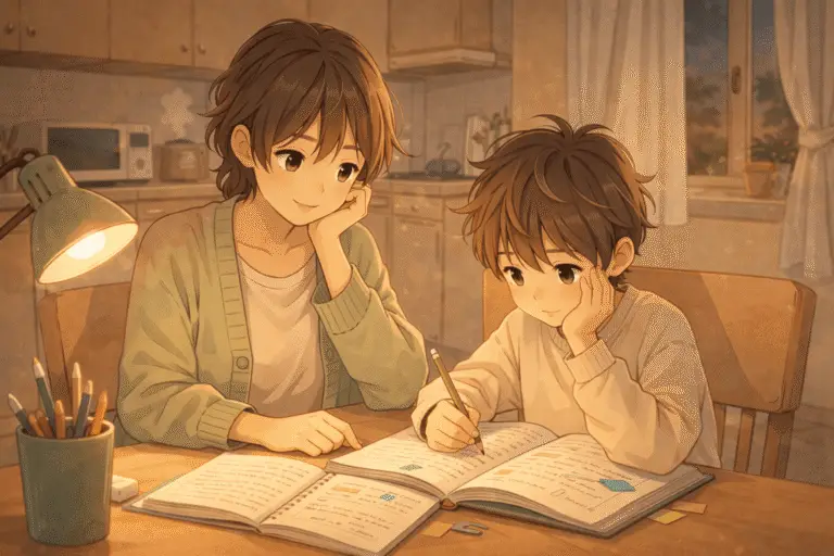 Illustration douce montrant un parent aidant son enfant ayant des difficultés scolaires, dans une atmosphère rassurante.