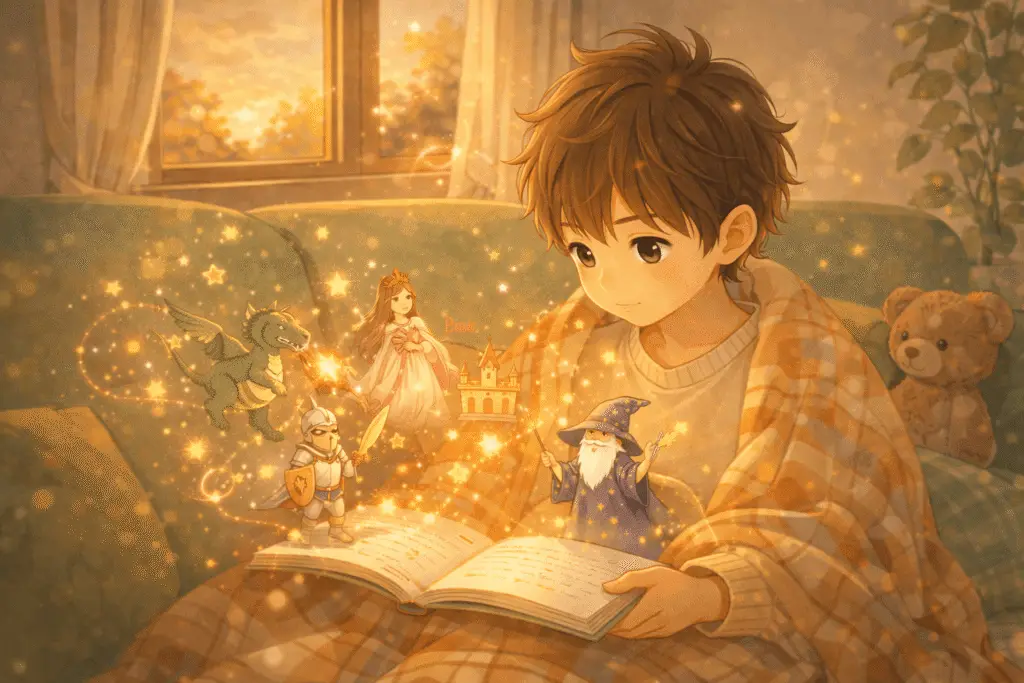 Illustration montrant la richesse de l’imagination d’un enfant lorsqu’il lit une histoire.