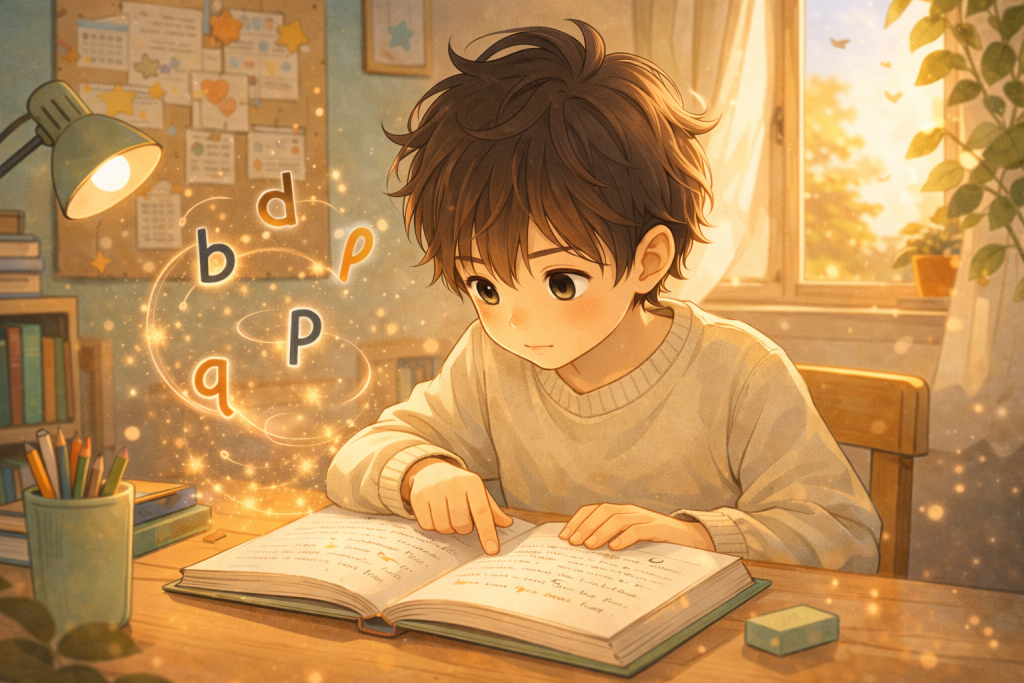 Illustration d’un enfant dyslexique lisant lentement un livre en suivant les mots avec son doigt.