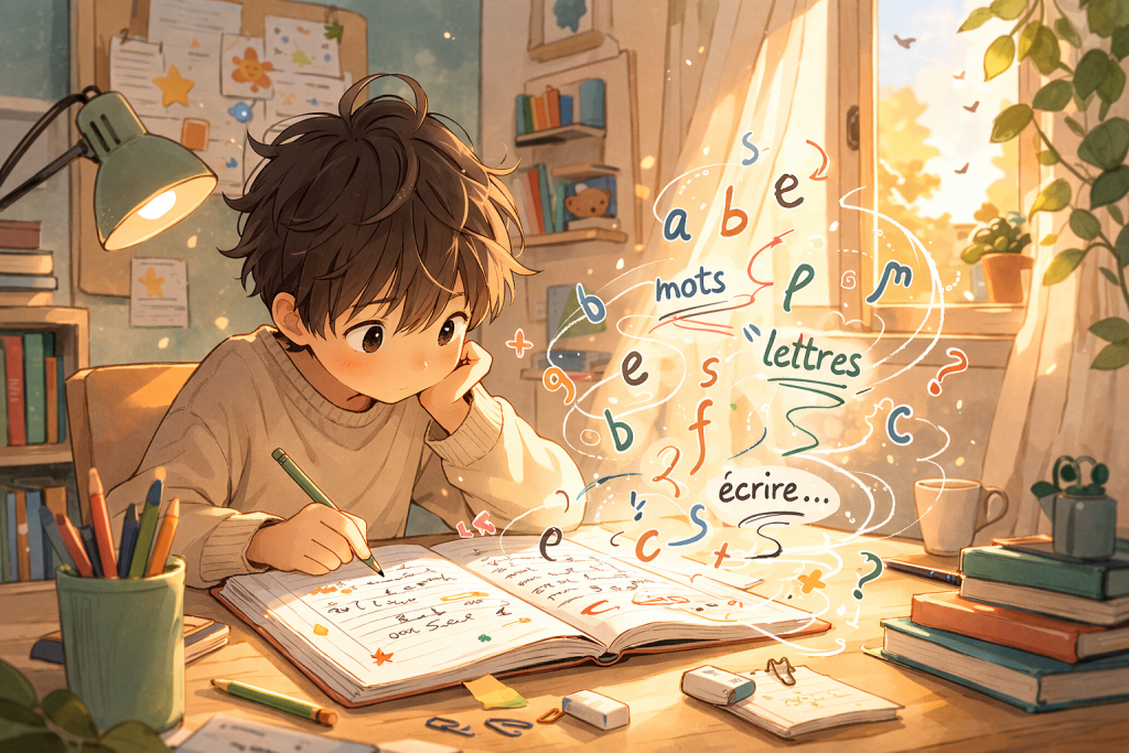 Illustration d’un enfant dyslexique regardant un cahier où les lettres semblent danser, symbolisant la dyslexie chez l’enfant.