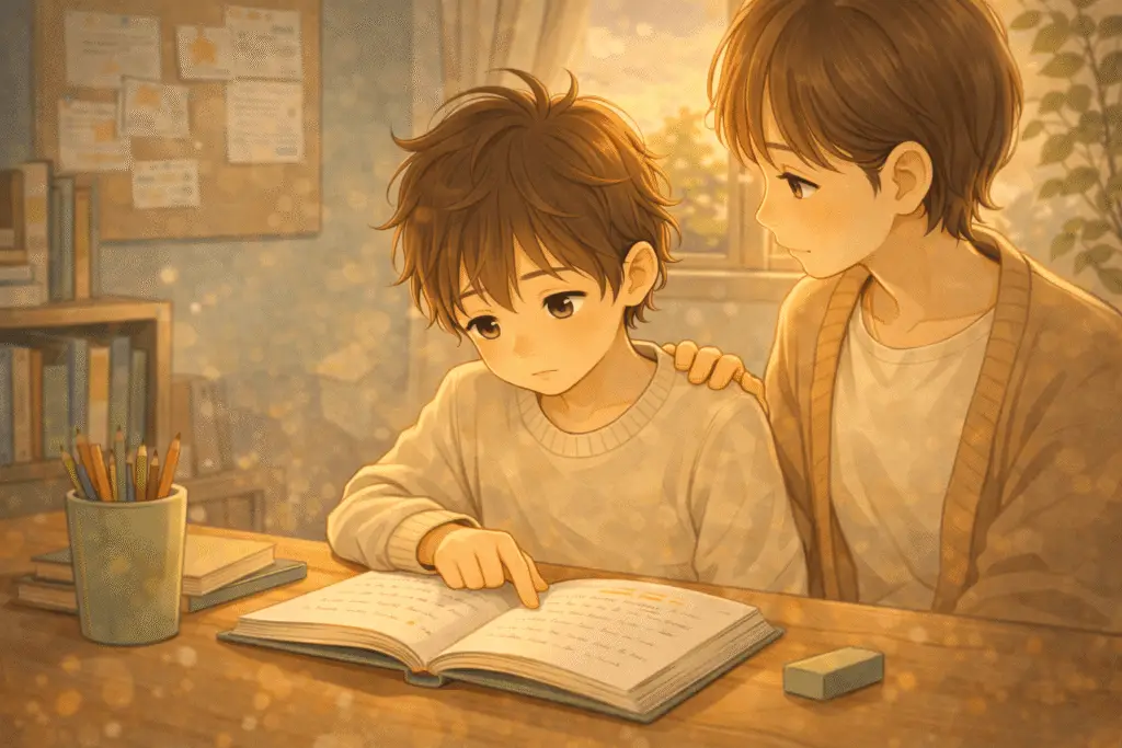 parent rassurant un enfant après les devoirs de lecture