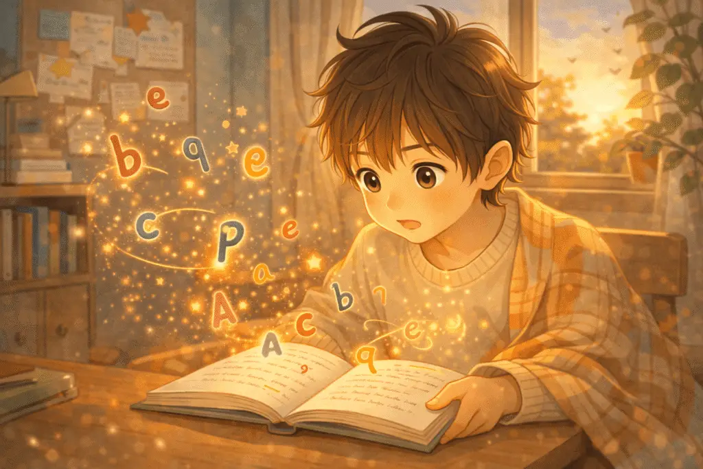 enfant lisant un livre avec des lettres qui semblent bouger illustration dyslexie