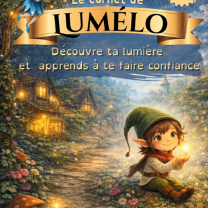 Couverture du carnet de Lumélo, livre enfant sur la confiance en soi dans un univers magique avec un lutin et un village lumineux