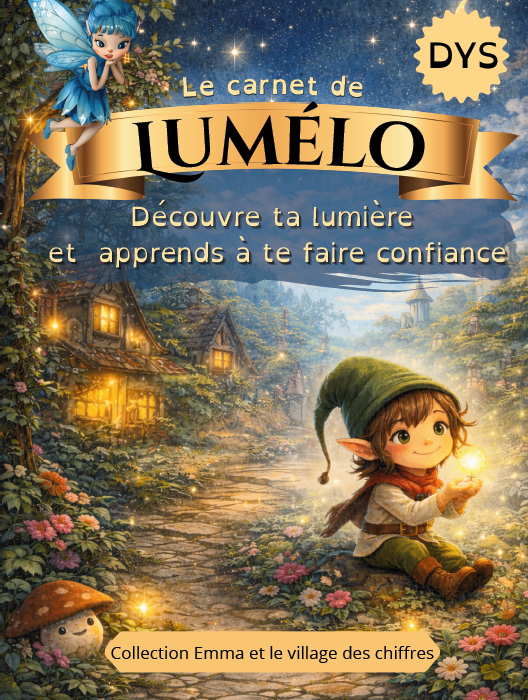 Couverture du carnet de Lumélo, livre enfant sur la confiance en soi dans un univers magique avec un lutin et un village lumineux