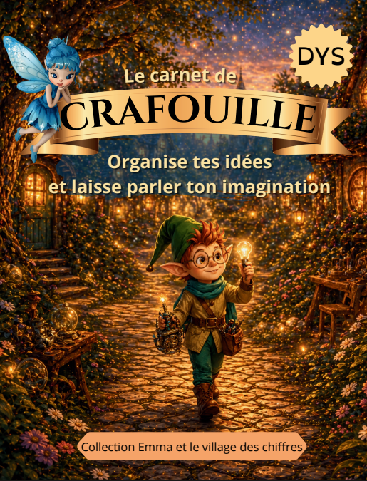 Couverture du carnet de Crafouille pour enfant, livre d’activités pour organiser ses idées, développer la créativité et stimuler l’imagination