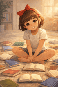 Emma, petite fille multidys de 8 ans au nœud rouge, héroïne de la série Emma MultiDys et alors