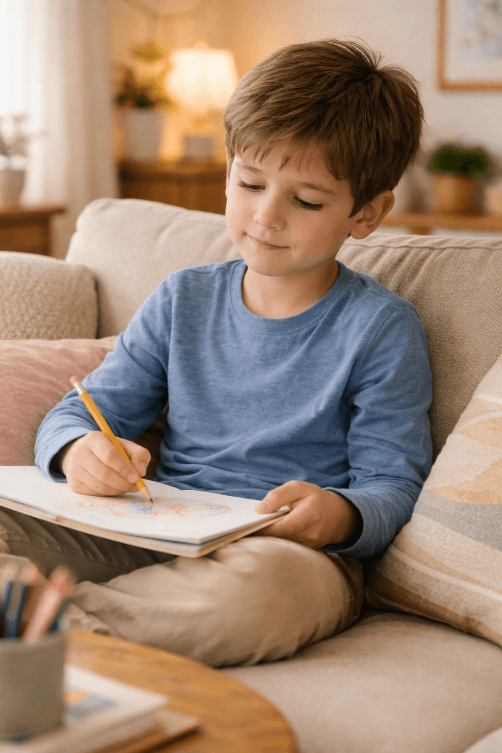 enfant concentré et apaisé en train de dessiner ou lire dans un moment de calme