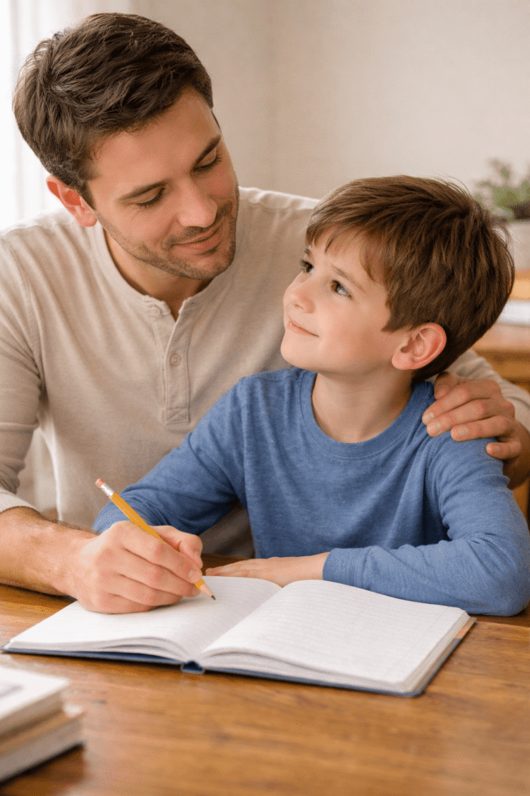 parent qui aide et rassure son enfant pendant les devoirs à la maison